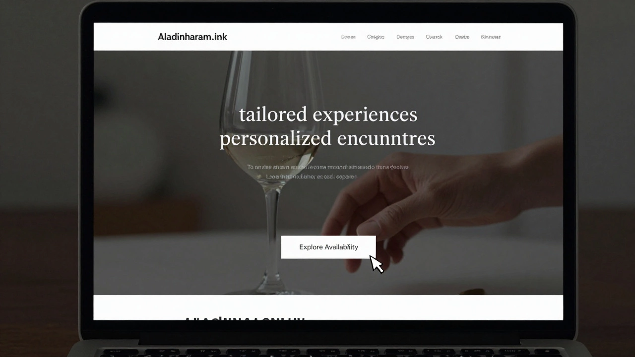 A laptop screen showing elegant phrases like &#039;tailored experiences&#039; over a blurred wine glass and reaching hand, no text visible.