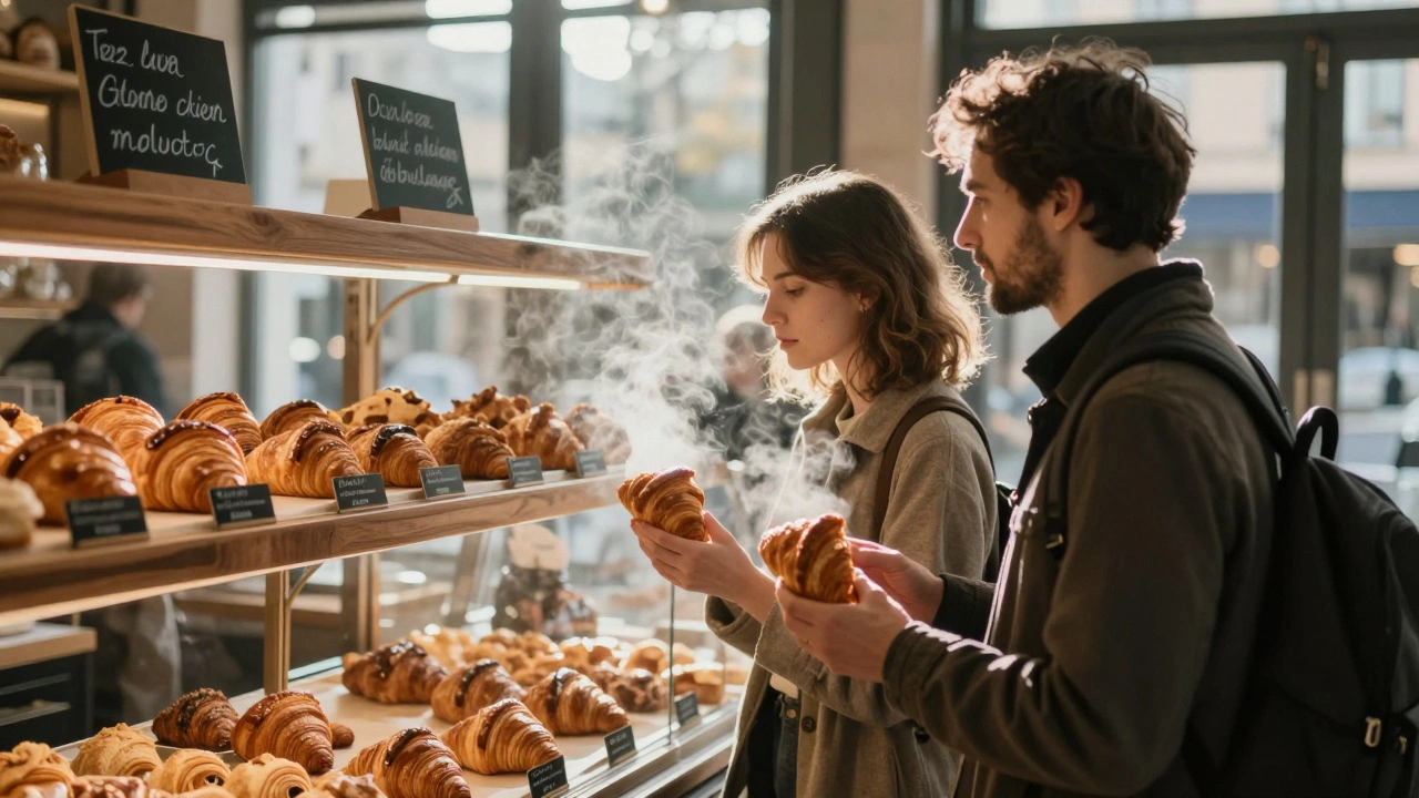 A traveler and local companion enjoy fresh croissants at a Parisian bakery at sunrise.