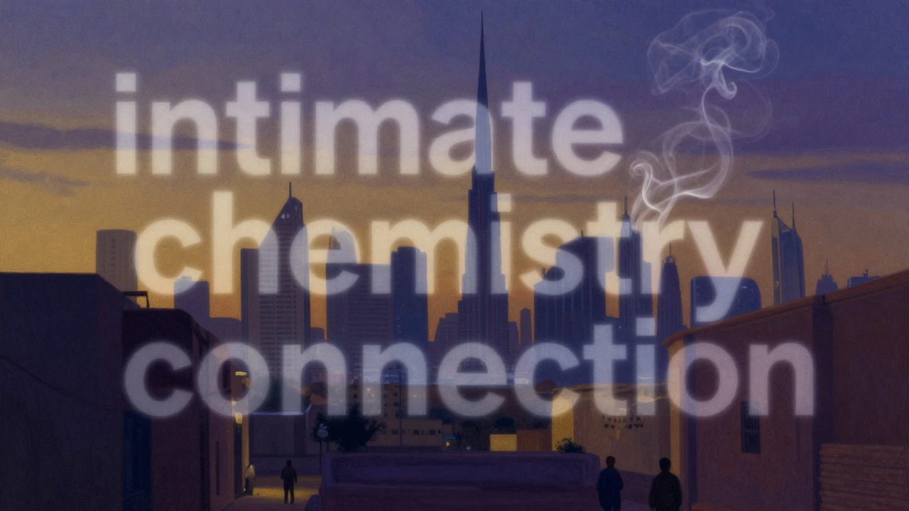 Translucent words like &#039;intimate&#039; and &#039;connection&#039; drifting over Dubai&#039;s skyline at dusk, figures faintly visible below in shadow.