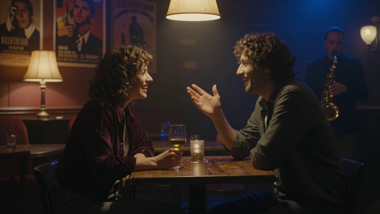 Two people share a laugh in a cozy Paris jazz club, soft lighting and vintage decor surrounding them.